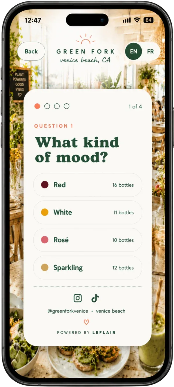 Vegan Californian restaurant wine recommendation mockup