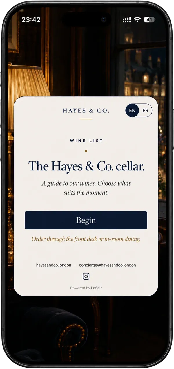 Boutique London hotel wine recommendation mockup