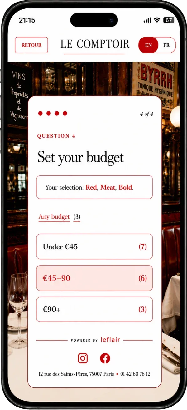 Parisian bistrot wine recommendation mockup